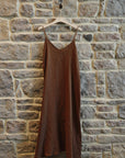 Woman Wearing Linen Slip Dress Made in Italy Brown - Dress LUXAMORE