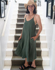Woman Wearing Linen Slip Dress Midi Made in Italy Khaki - Dress LUXAMORE
