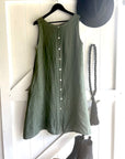 Woman Wearing Linen Dress Pockets Midi Made in Italy Olive - Dress LUXAMORE