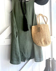 Woman Wearing Linen Dress Pockets Midi Made in Italy Olive - Dress LUXAMORE