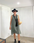 Woman Wearing Linen Dress Pockets Midi Made in Italy Olive - Dress LUXAMORE