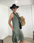 Woman Wearing Linen Dress Pockets Midi Made in Italy Olive - Dress LUXAMORE