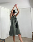 Woman Wearing Linen Dress Pockets Midi Made in Italy Olive - Dress LUXAMORE