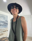 Woman Wearing Linen Dress Pockets Midi Made in Italy Olive - Dress LUXAMORE