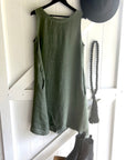 Woman Wearing Linen Dress Pockets Midi Made in Italy Olive - Dress LUXAMORE
