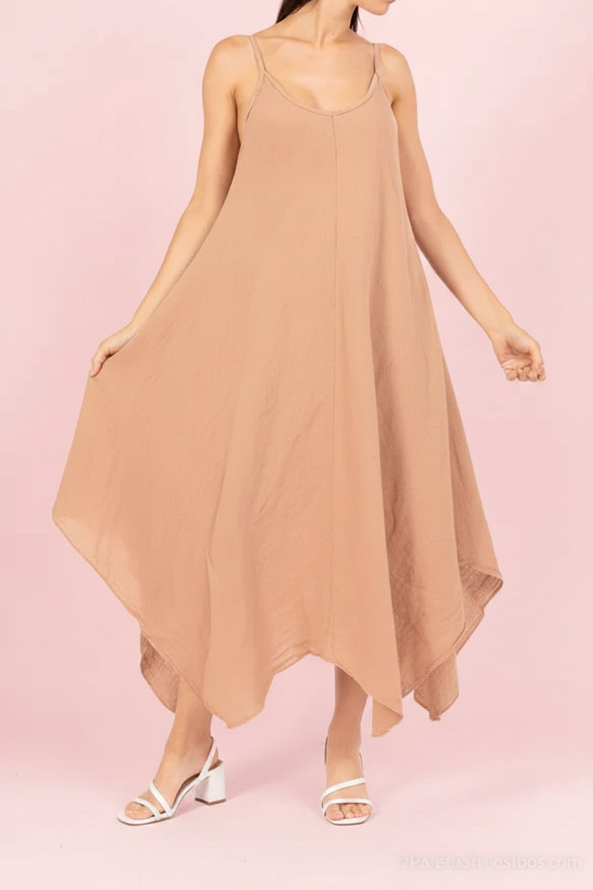 linen spaghetti strap dress Linen Dress Strap Midi Made in Italy - Camel