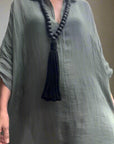 Woman Wearing Linen Dress Oversize Maxi Kaftan Made in Italy Olive - Dress LUXAMORE