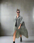 Woman Wearing Linen Dress Oversize Maxi Kaftan Made in Italy Olive - Dress LUXAMORE