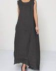 Woman Wearing Linen Dress Sleeveless Raw Edge, Maxi Made in Italy Khaki - Dress LUXAMORE