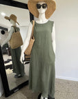 Woman Wearing Linen Dress Sleeveless Raw Edge, Maxi Made in Italy Khaki - Dress LUXAMORE