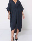 Woman Wearing Linen Dress V-neck Knot Front Midi Made in Italy Navy - Dress LUXAMORE