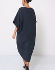 Woman Wearing Linen Dress V-neck Knot Front Midi Made in Italy Navy - Dress LUXAMORE