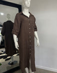 Woman Wearing Linen Shirtdress, Button-Up, Maxi Made in Italy Chocolate - Dress LUXAMORE