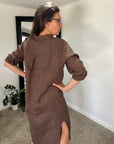Woman Wearing Linen Shirtdress, Button-Up, Maxi Made in Italy Chocolate - Dress LUXAMORE