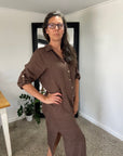Woman Wearing Linen Shirtdress, Button-Up, Maxi Made in Italy Chocolate - Dress LUXAMORE