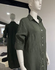 Woman Wearing Linen Shirtdress, Button-Up, Maxi Made in Italy Khaki - LUXAMORE