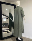Woman Wearing Linen Shirtdress, Button-Up, Maxi Made in Italy Khaki - LUXAMORE
