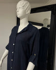 Woman Wearing Linen Shirtdress, Button-Up, Maxi Made in Italy Navy - Dress LUXAMORE