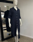 Woman Wearing Linen Shirtdress, Button-Up, Maxi Made in Italy Navy - Dress LUXAMORE