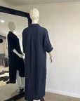 Woman Wearing Linen Shirtdress, Button-Up, Maxi Made in Italy Navy - Dress LUXAMORE