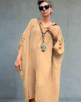 Woman Wearing Linen Dress Oversize Maxi Kaftan Made in Italy Caramel - Dress LUXAMORE