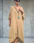 Woman Wearing Linen Dress Oversize Maxi Kaftan Made in Italy Caramel - Dress LUXAMORE