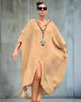 Woman Wearing Linen Dress Oversize Maxi Kaftan Made in Italy Caramel - Dress LUXAMORE