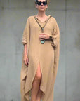 Woman Wearing Linen Dress Oversize Maxi Kaftan Made in Italy Caramel - Dress LUXAMORE
