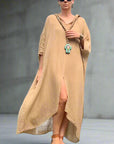 Woman Wearing Linen Dress Oversize Maxi Kaftan Made in Italy Caramel - Dress LUXAMORE