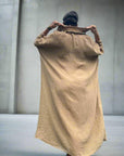 Woman Wearing Linen Dress Oversize Maxi Kaftan Made in Italy Caramel - Dress LUXAMORE