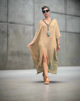 Woman Wearing Linen Dress Oversize Maxi Kaftan Made in Italy Caramel - Dress LUXAMORE