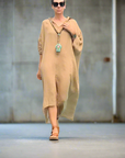 Woman Wearing Linen Dress Oversize Maxi Kaftan Made in Italy Caramel - Dress LUXAMORE