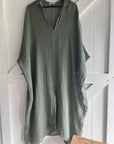 Woman Wearing Linen Dress Oversize Maxi Kaftan Made in Italy Caramel - Dress LUXAMORE
