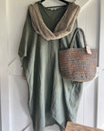 Woman Wearing Linen Dress Oversize Maxi Kaftan Made in Italy Caramel - Dress LUXAMORE
