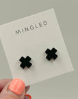 Woman Wearing Mingled Black Cross Stud Earrings - Small Cross Earrings, Minimalist - Earings LUXAMORE