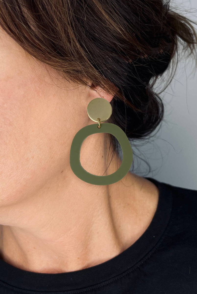 Woman Wearing Mingled Charlie Olive Green and Gold Dangle Earrings - Earings LUXAMORE