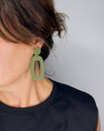 Woman Wearing Mingled RILEY Dangle Earrings in Olive Green - Earings LUXAMORE