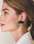 Woman Wearing Mingled Statement Studs in Olive Green and Black - LUXAMORE