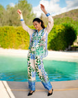 Miss Goodlife Green Garden Blouse Made in Italy worn by model in natural setting LUXAMORE