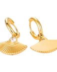 Orna Curio Fan Mail Gold Earrings - LUXAMORE -Earings-Gold Plated Earrings Introducing our Fan Mail Earrings, crafted with 18k gold plating and intricate fan carvings accented by a sparkling cubic zirconia centerpiece. Materials: 18k Gold Plated Stainless Steel Dimensions: 2.8cm x 2cm