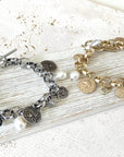 Pre Order Charm coin bracelet French coin jewelry pearl fall jewelry: Silver worn by model in natural setting LUXAMORE