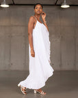 White Linen Dress Maxi Ruffled Made in Italy - One size worn by model in natural setting LUXAMORE