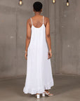 White Linen Dress Maxi Ruffled Made in Italy - One size worn by model in natural setting LUXAMORE