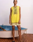 Alemais Bridgette Mini Dress – Full front view on model showcasing the custom print design, neckline details, and overall mini length fit.. LUXAMORE