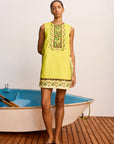 Alemais Bridgette Mini Dress – Full front view on model showcasing the custom print design, neckline details, and overall mini length fit.. LUXAMORE. LUXAMORE