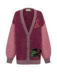 Oversized mohair cardigan: ALÉMAIS MLAK Cardigan featuring a deep V-neck and a dark pink and purple marl knit. LUXAMORE