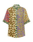 Alemais Patty Spliced Shirt in multi-color linen hemp print – Front view on ghost view the pointed collar, structured stand, and concealed button placket.. LUXAMORE