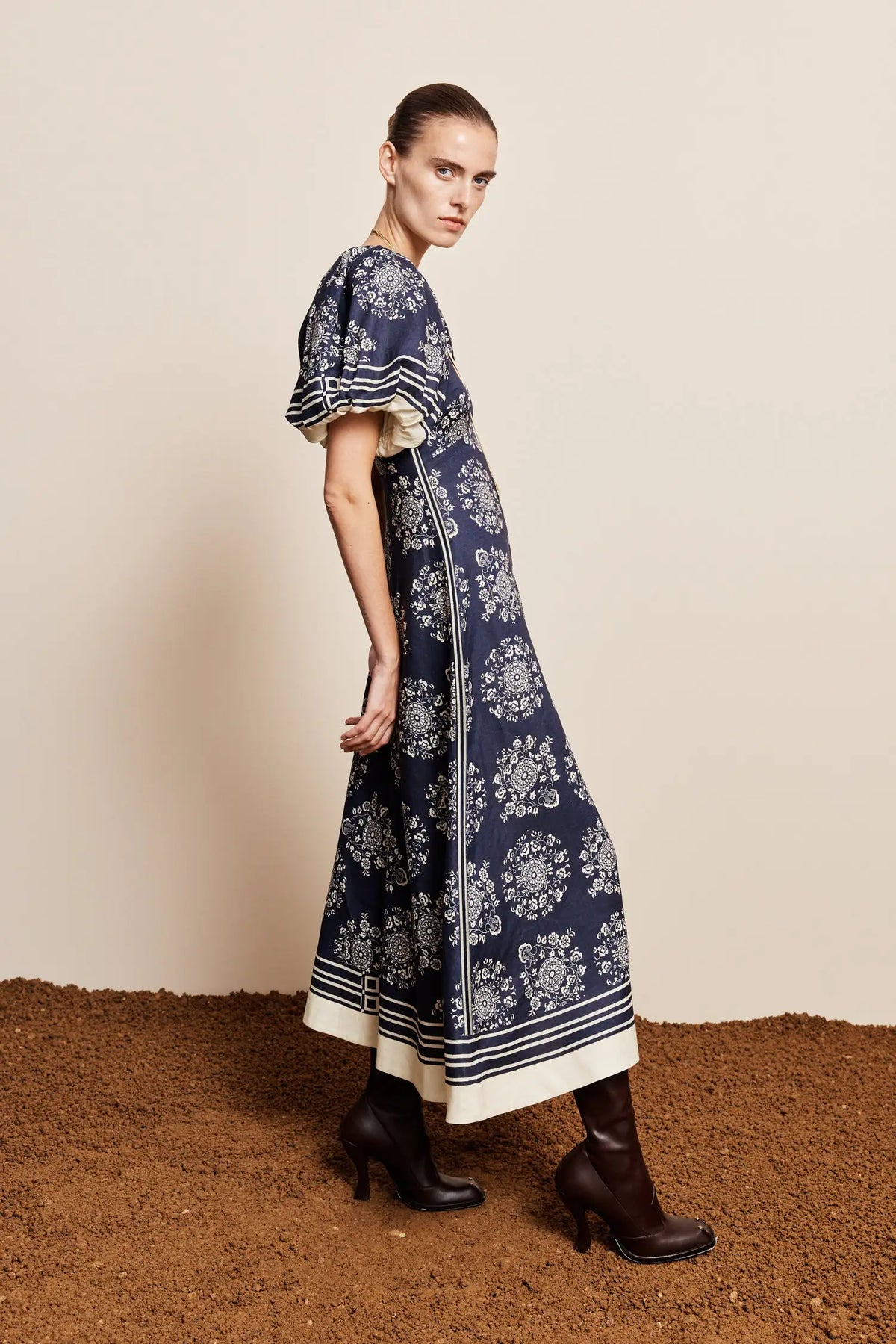 Alemais Sustainable Banderra Midi Shirtdress worn by model side view LUXAMORE