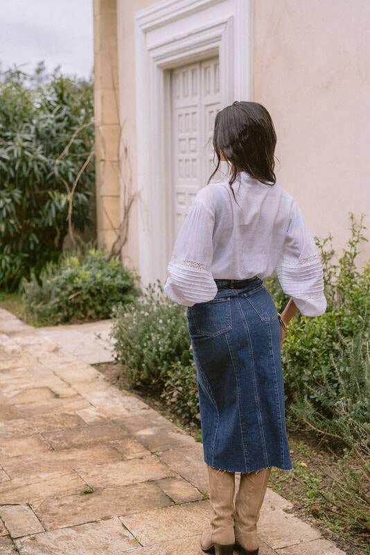 Agata Embroidered Boho Shirt worn by model in natural setting LUXAMORE 