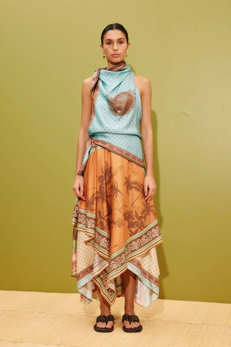 Alemais Alberta Scarf Midi Dress worn by model in natural setting LUXAMORE 